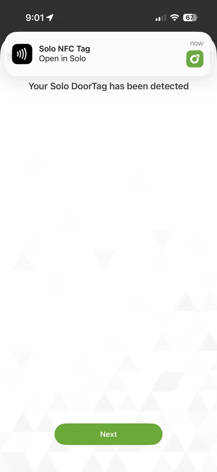 Paxton Solo app detecting the NFC Solo Tag during registration