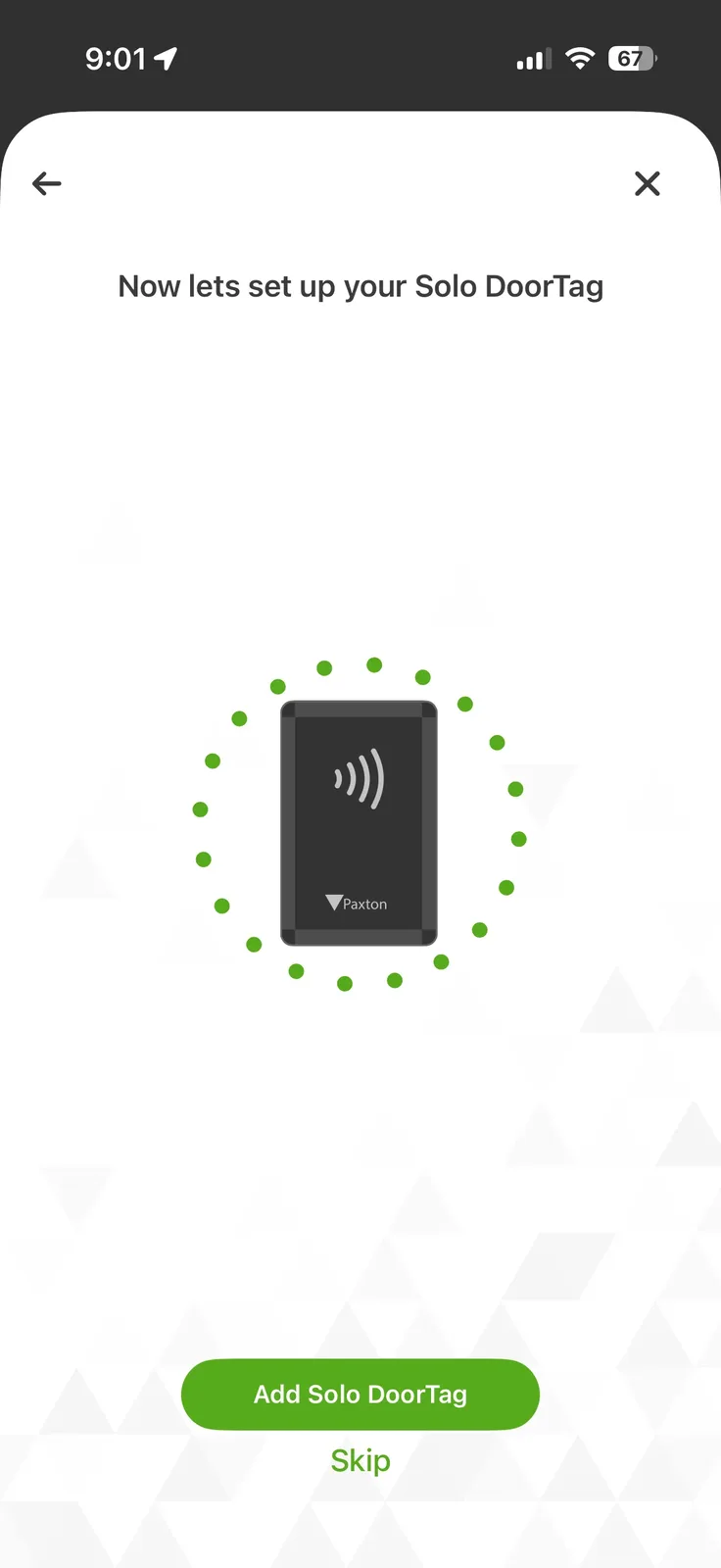 Paxton Solo app confirming Solo Tag registration and associating it with the door