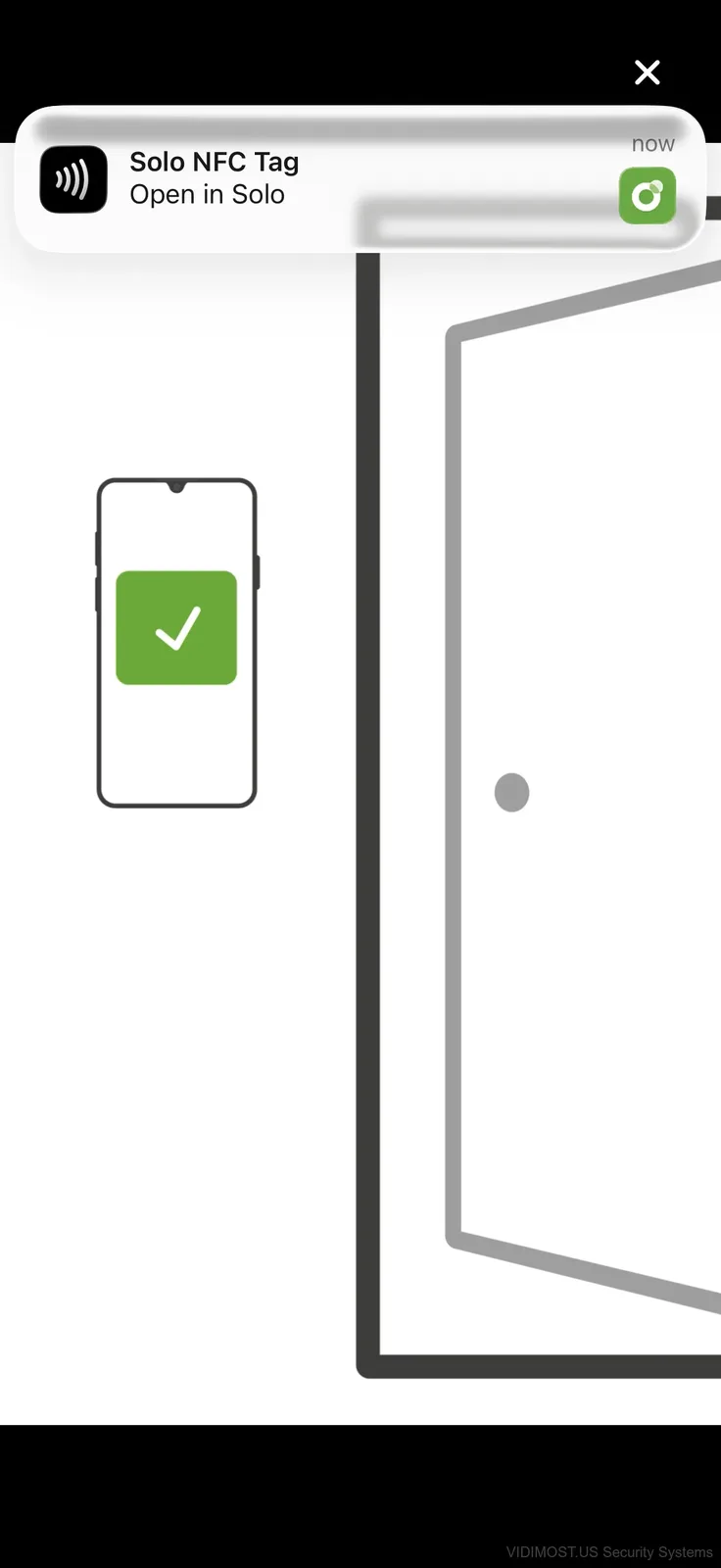 Paxton Solo app showing successful NFC unlock with green checkmark and door opening animation