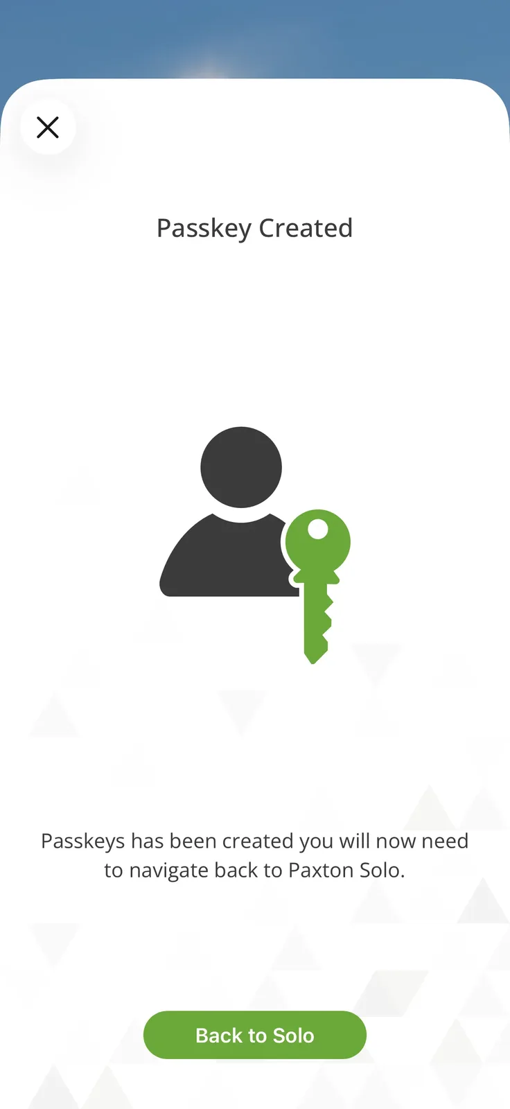 Paxton Solo app showing Passkey successfully created confirmation