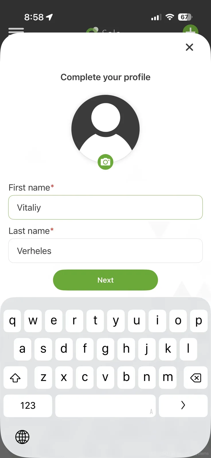 Paxton Solo app user profile setup with name and admin role