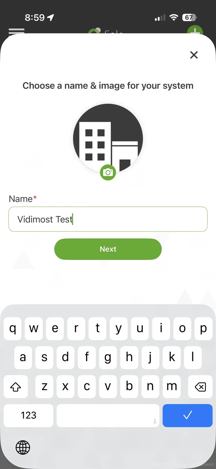 Paxton Solo app system naming screen showing Vidimost Test as the system name