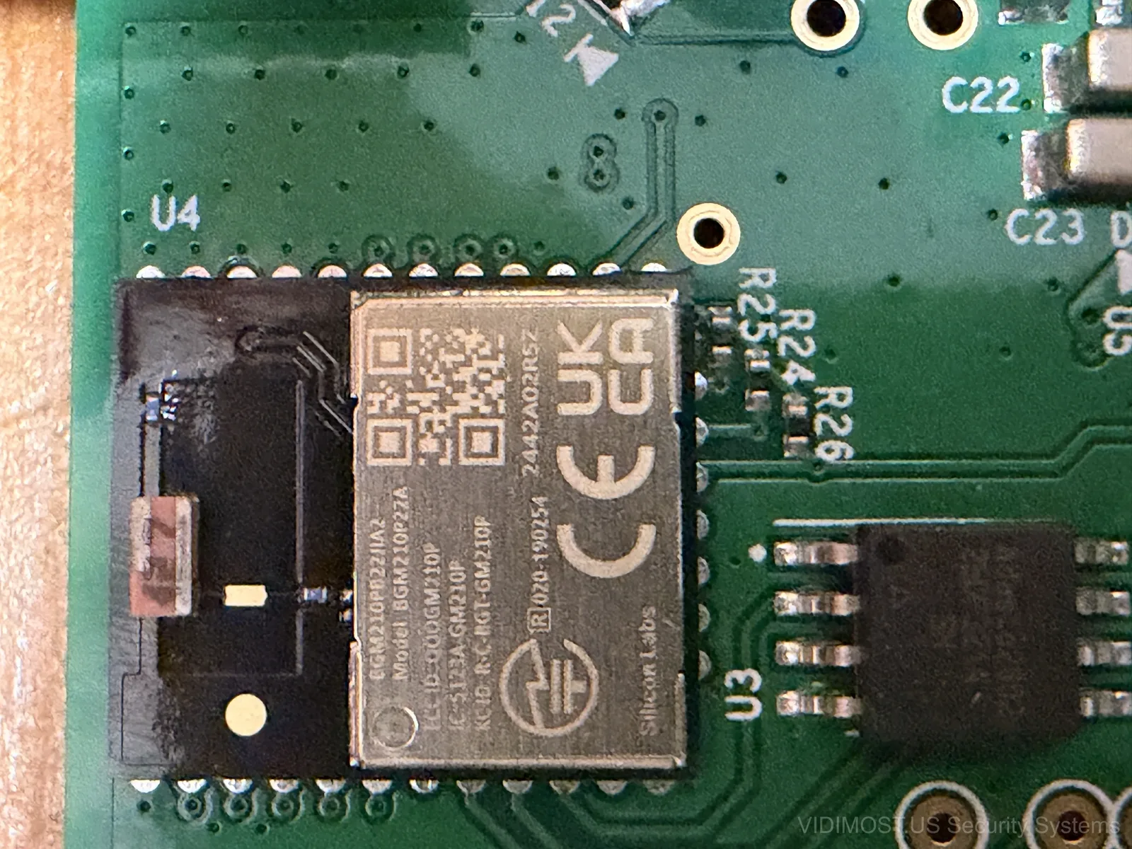 Silicon Labs BGM210P Bluetooth Low Energy module on Paxton Solo PCB close-up