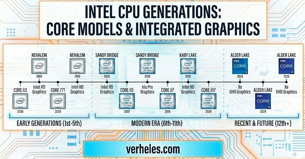 Intel CPU Generations with CPU Types, Core Models, and Integrated Graphics