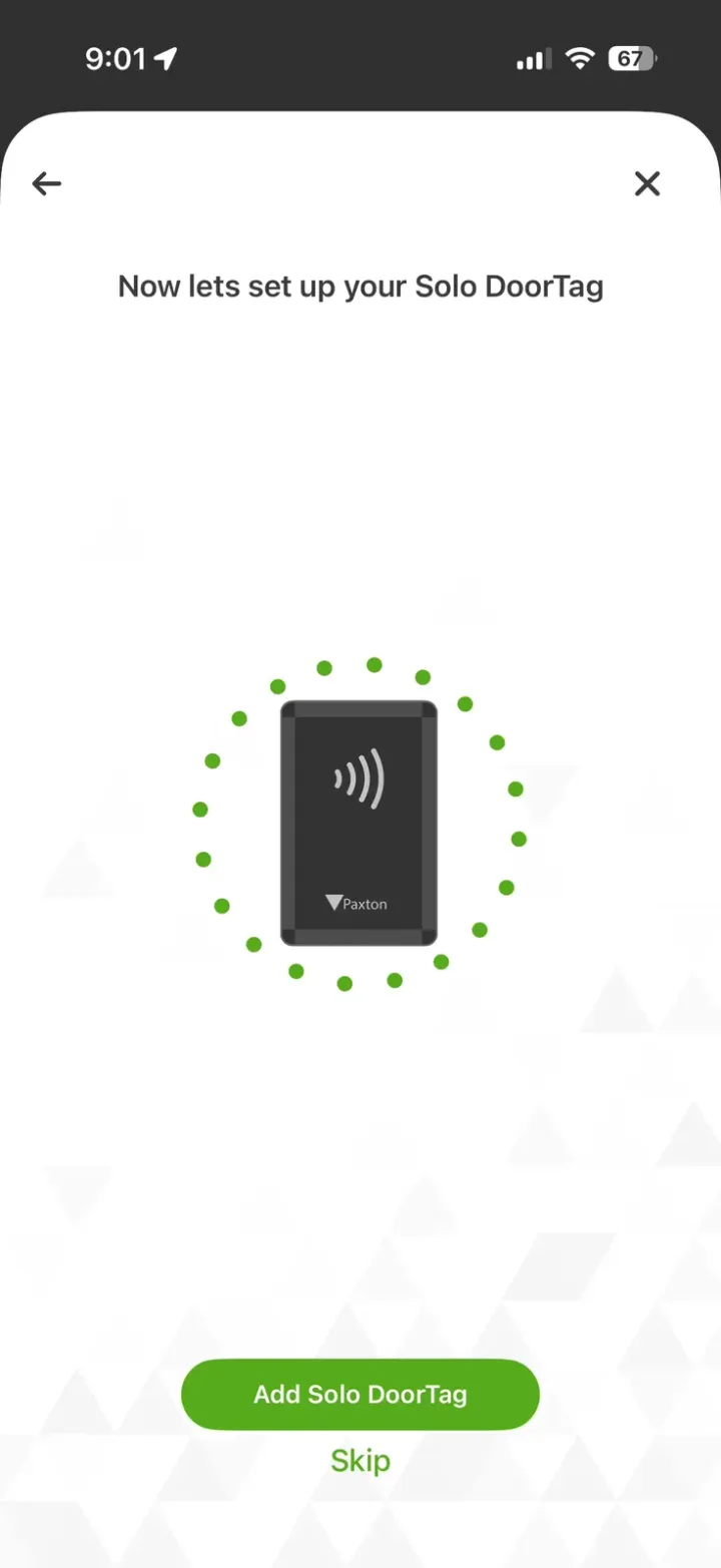 Paxton Solo app NFC tag setup screen — step-by-step installation guide by Chicago security installer