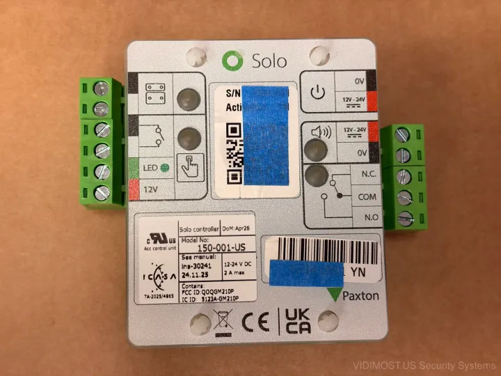 Paxton Solo controller front panel with terminal blocks and labels — hands-on review by Chicago security installer
